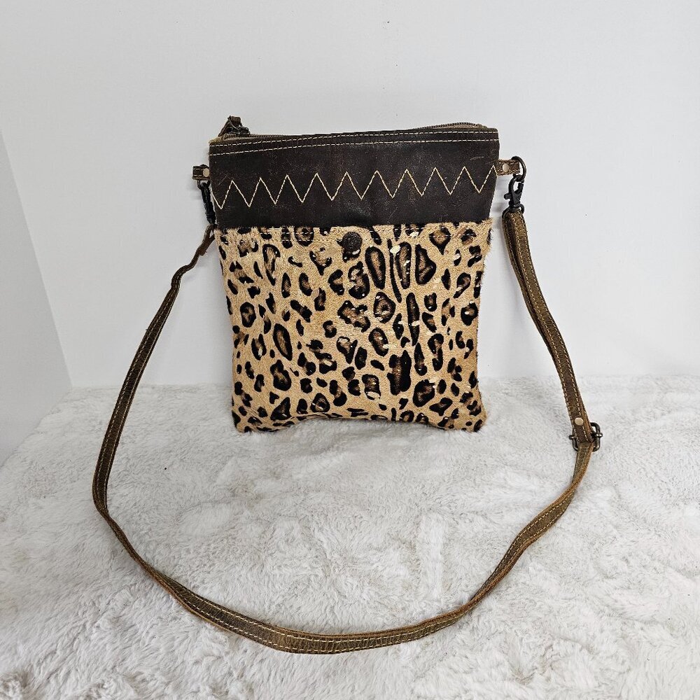 Myra Bag Brown Leather Leopard Hair On Hide Crossbody Western Tribal